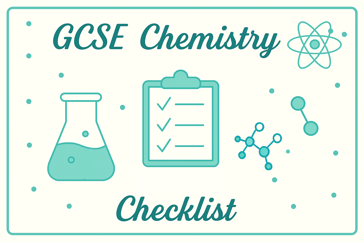 GCSE Chemistry checklist graphic with icons of a flask, molecular model, and tick list – Hickling Hacks revision resource