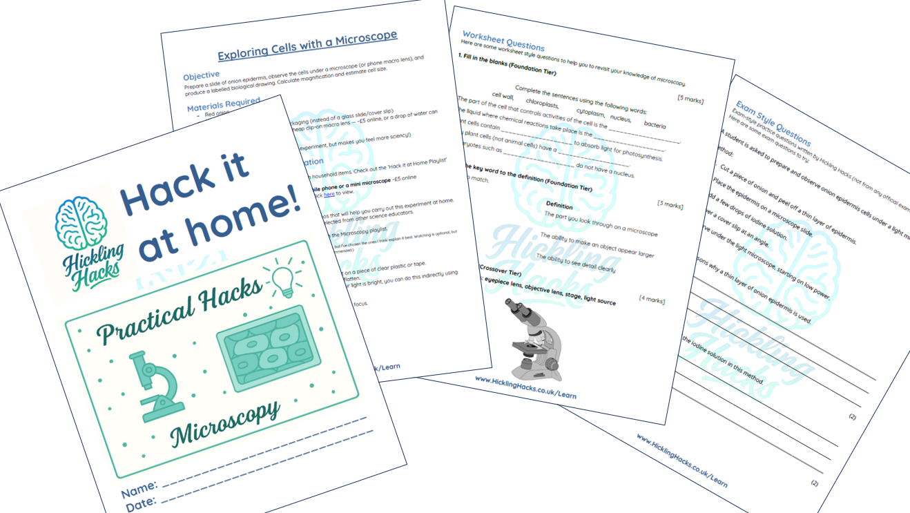 GCSE Biology Microscopy Practical Worksheet – exam-style questions and mark scheme PDF preview by Hickling Hacks