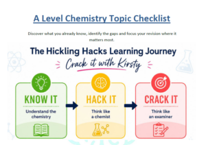 A Level Chemistry Topic Checklist featuring the Hickling Hacks Know It, Hack It, Crack It Learning Journey for A Level Chemistry revision.
