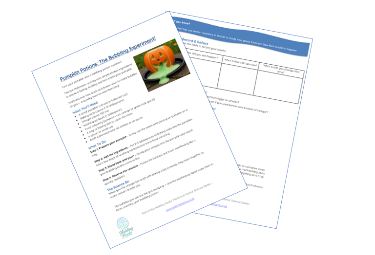Pumpkin Potions bubbling experiment – free Halloween science activity by Hickling Hacks